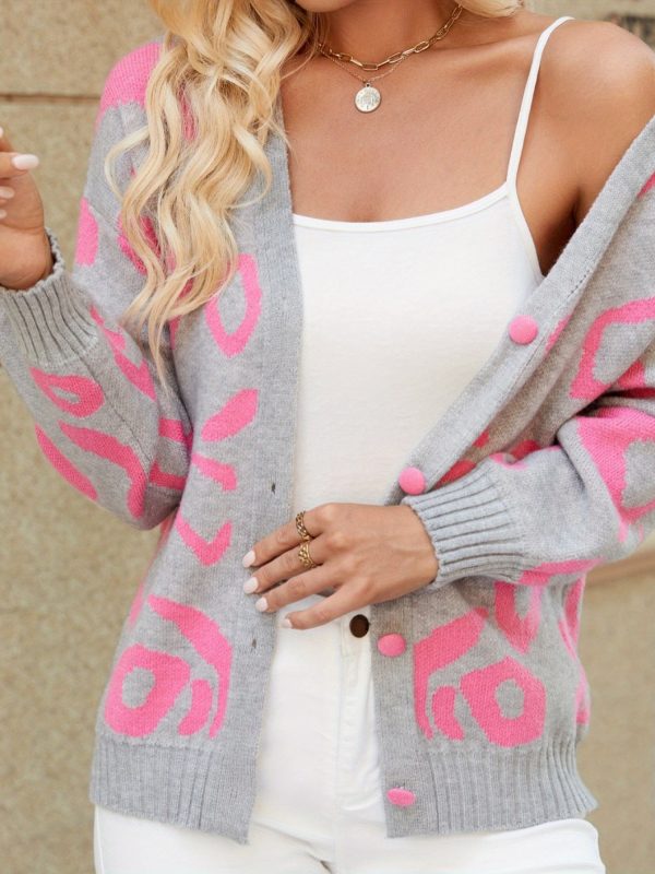 spring 2025 new arrival women's geometric striped cardigan pink & gray patchwork design, button front closure, all season casual chic sweater, machine washable