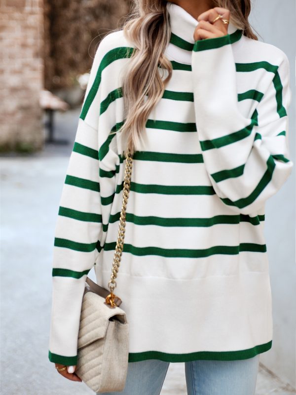 women's white & green horizontal striped sweater soft crewneck pullover for springu002ffallu002fsummer, everyday & formal outfits machine washable long sleeve sweater
