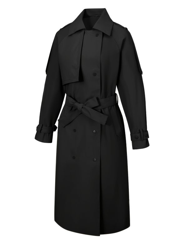 women's lightweight windproof trench coat jacket h silhouette regular fit with decorative buttons & pockets, solid black for spring winter commuting & casual outfits, ladies winter jackets, commuting apparel, durable commuting wear