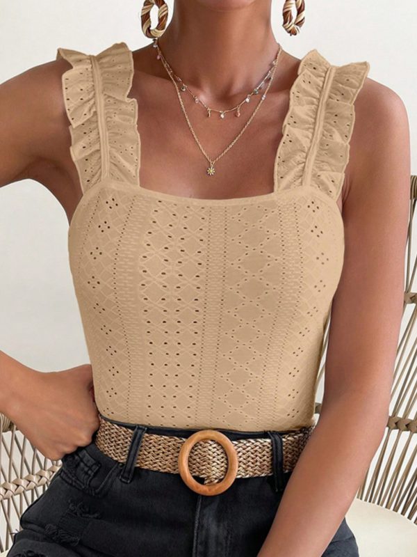 scacto 2025 sleeveless tank top with ruffle strap& square neck eyelet, slim fit blouse