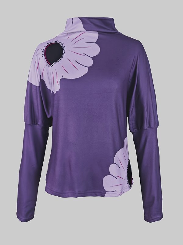 women's elegant purple floral print high neck long sleeve t shirt loose fit casual fashion top for spring, fall & winter, soft polyester blend, hand wash or dry clean, sizes s to xl