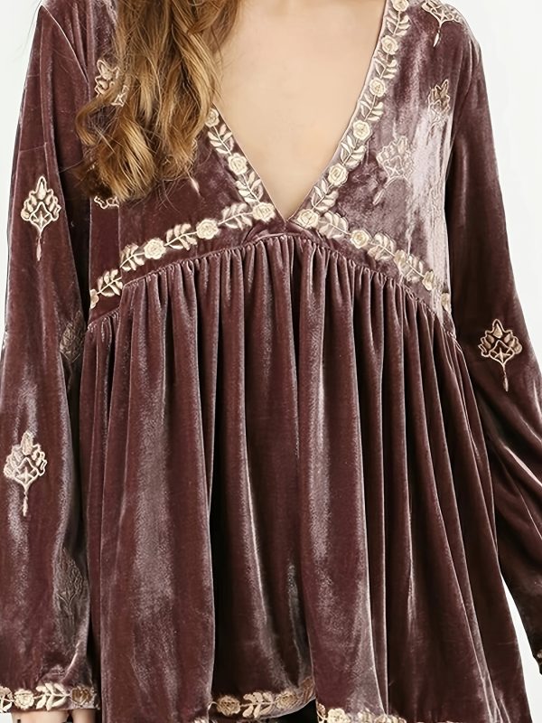 new women's floral deep v neck ruffle velvet long sleeve shirt