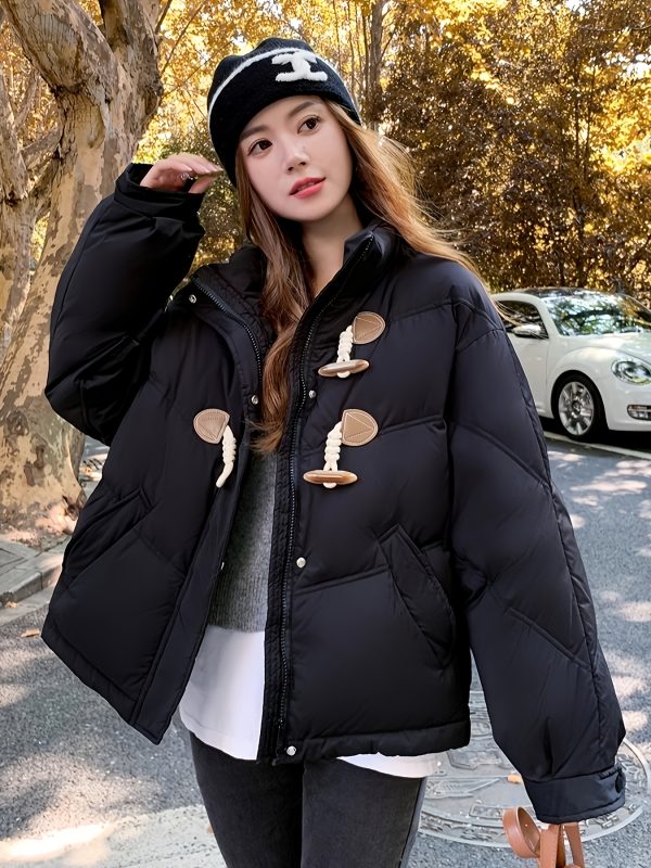 women's cozy fleece lined winter jacket with adjustable straps black casual outerwear, long sleeves, flared hem, zipper closure, warm & stylish for cold weather, winter coats
