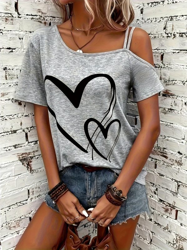 women's casual off shoulder t shirt with heart graphic short sleeve, asymmetrical neckline, light gray, perfect for summer & spring outfits, casual summer wear | asymmetrical neckline top | stylish casualwear
