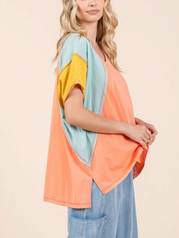womens casual colorblock chic raglan sleeve v neck top loose fit coral mint yellow short sleeve summer tee shirt relaxed silhouette weekend everyday wear basic knit athletic fashion blouse