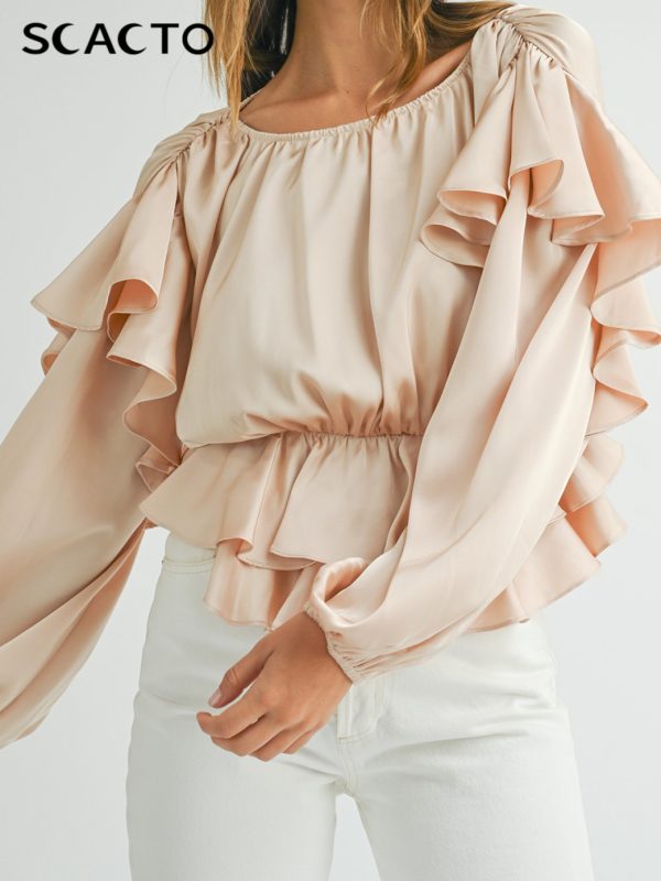 beige long sleeve top with ruffled layered design, round neck style, suitable for daily casual or stylish matching