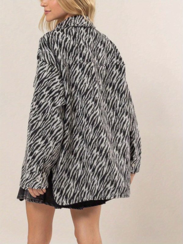 women's casual jacket chic zebra print snap outerwear top camel polyester blend long sleeve with button up closure, oversized fit collared neck hip length perfect for fallu002f winter layered street style or casual outings