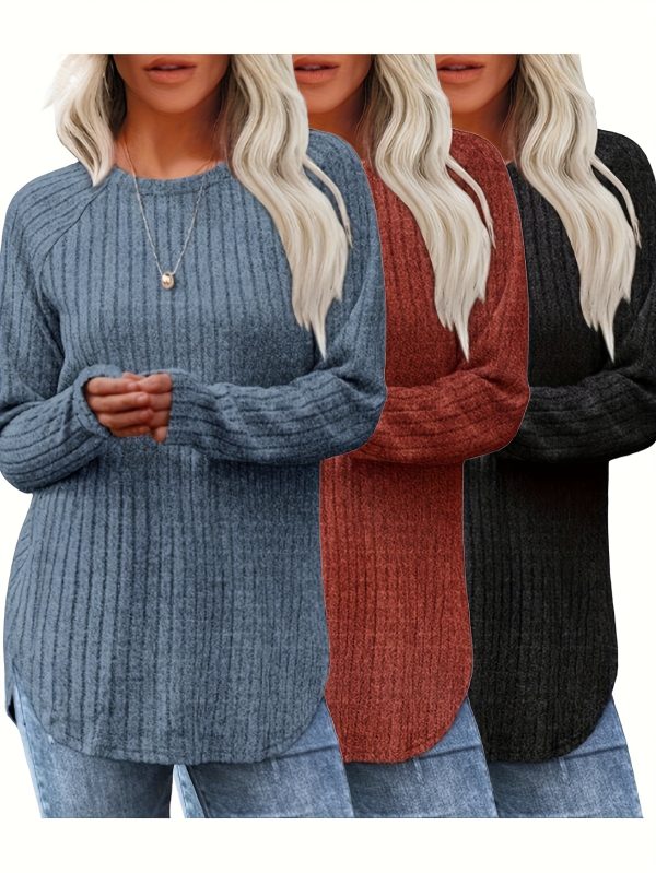 three piece women's fashionable long sleeved basic sweater, casual loose top, elegant round neck t shirt