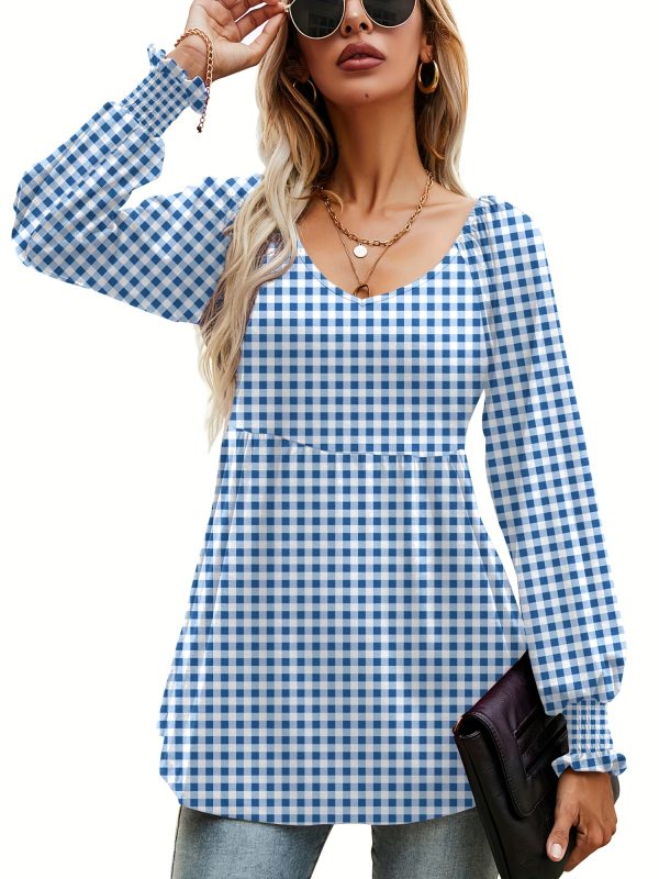 women's casual v neck long sleeve blouse non see through fabric, everyday office outfit essential springu002fsummer wardrobe staple top, summer fashion, puffed sleeves, checkered pattern