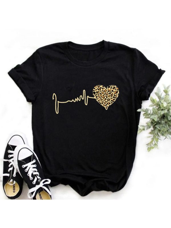 summer new 90 's leopard heartbeat short sleeve print clothing women's t shirt harajuku graphic clothing women's top, drop ship
