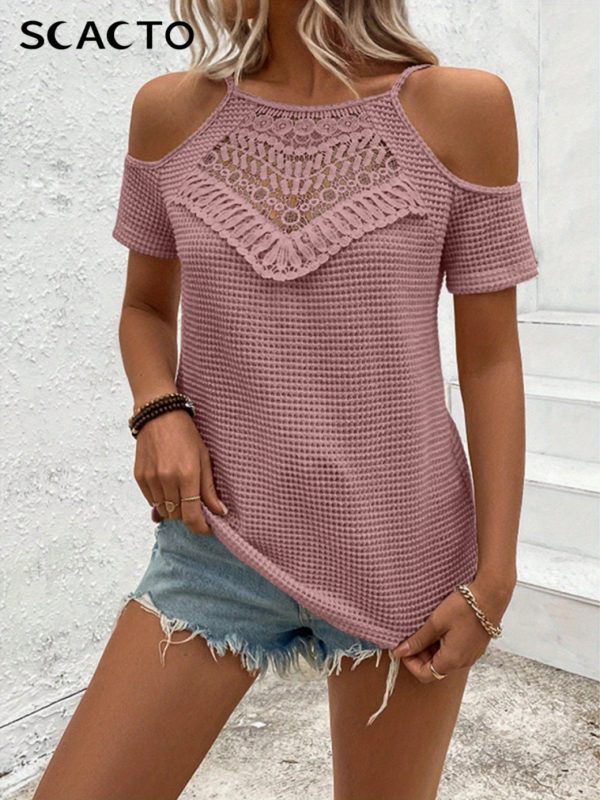 scacto 2025 women's summer cold shoulder tops with hollow out lace crochet short sleeve casual blouse