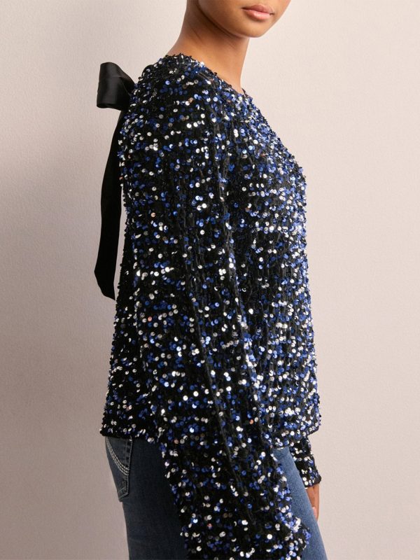 elegant women's long sleeve glitter sequin top round neck with chic back bow, stretchy & comfortable polyester blend, perfect for party wear