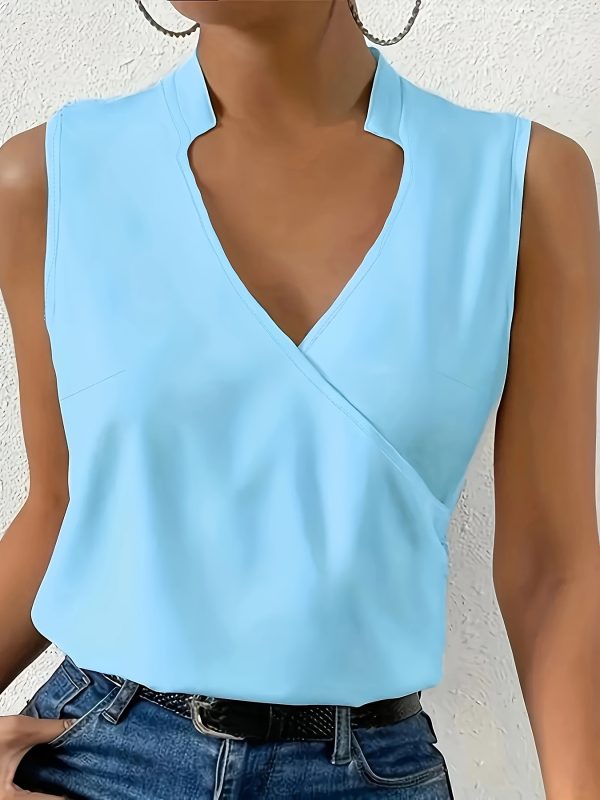 solid color surplice collar shirt, elegant sleeveless shirt, spring and summer, women's clothing