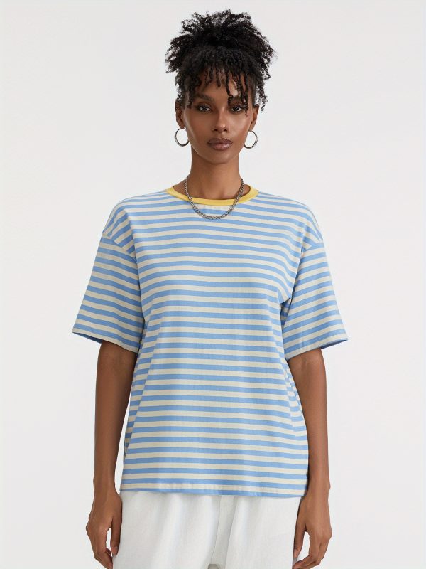 women short sleeve t shirts stripe contrast color round neck shirts summer casual loose fit tops streetwear