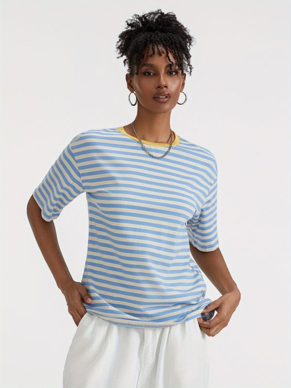 women short sleeve t shirts stripe contrast color round neck shirts summer casual loose fit tops streetwear