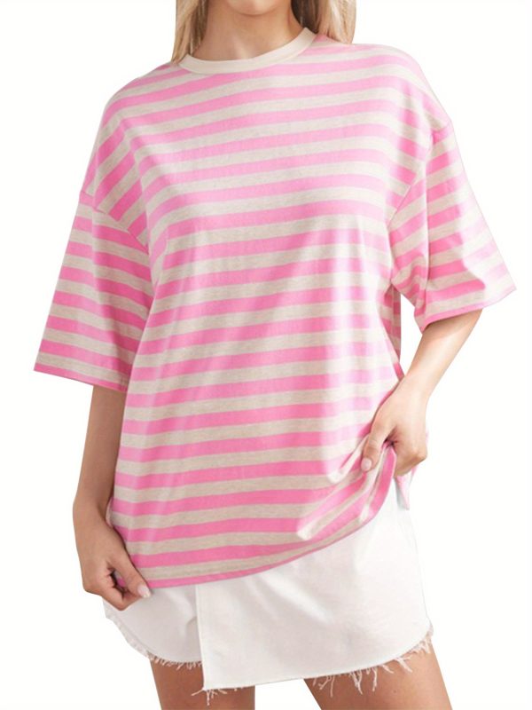women short sleeve t shirts stripe contrast color round neck shirts summer casual loose fit tops streetwear