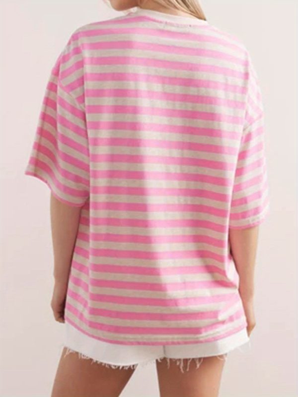 women short sleeve t shirts stripe contrast color round neck shirts summer casual loose fit tops streetwear