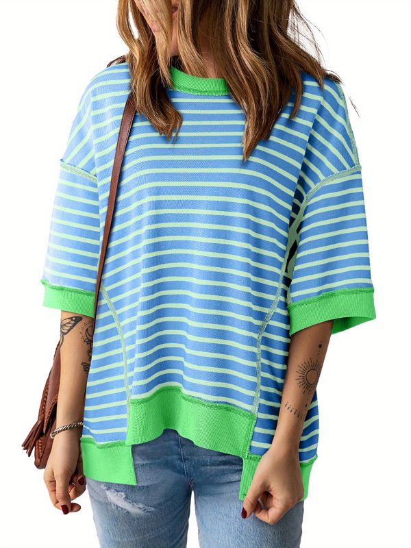 women's colorful striped short sleeve t shirt casual loose fit, round neck, lightweight polyester, perfect for springu002fsummer streetwear, summer fashion | striped tshirt | glossy texture