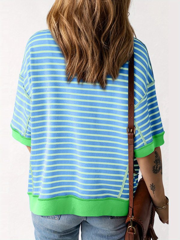 women's colorful striped short sleeve t shirt casual loose fit, round neck, lightweight polyester, perfect for springu002fsummer streetwear, summer fashion | striped tshirt | glossy texture