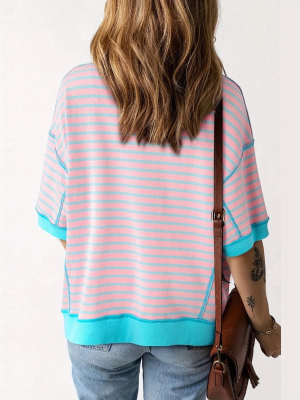 women's colorful striped short sleeve t shirt casual loose fit, round neck, lightweight polyester, perfect for springu002fsummer streetwear, summer fashion | striped tshirt | glossy texture