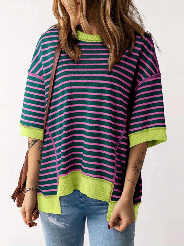 women's colorful striped short sleeve t shirt casual loose fit, round neck, lightweight polyester, perfect for springu002fsummer streetwear, summer fashion | striped tshirt | glossy texture