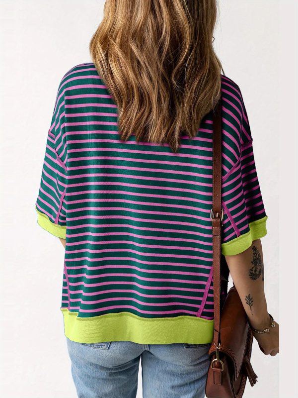 women's colorful striped short sleeve t shirt casual loose fit, round neck, lightweight polyester, perfect for springu002fsummer streetwear, summer fashion | striped tshirt | glossy texture
