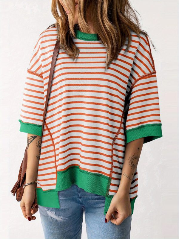 women's colorful striped short sleeve t shirt casual loose fit, round neck, lightweight polyester, perfect for springu002fsummer streetwear, summer fashion | striped tshirt | glossy texture