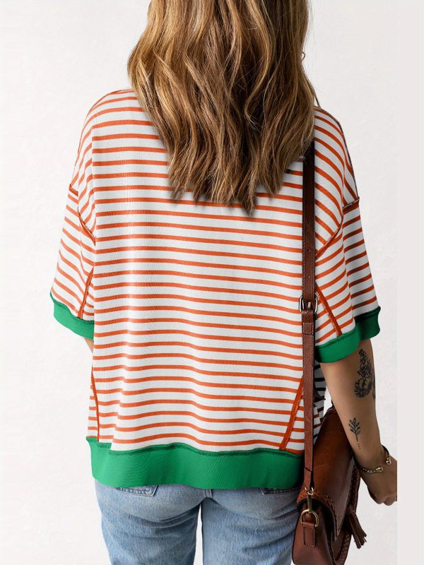 women's colorful striped short sleeve t shirt casual loose fit, round neck, lightweight polyester, perfect for springu002fsummer streetwear, summer fashion | striped tshirt | glossy texture