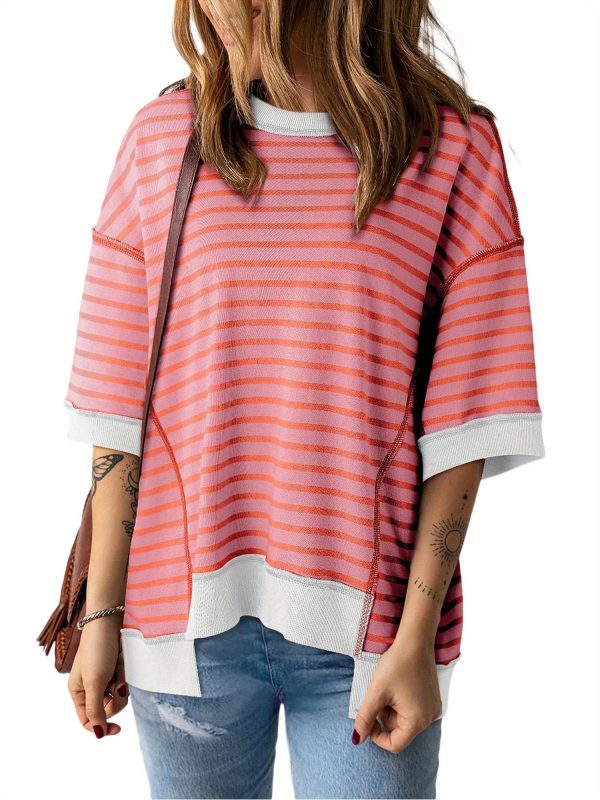 women's colorful striped short sleeve t shirt casual loose fit, round neck, lightweight polyester, perfect for springu002fsummer streetwear, summer fashion | striped tshirt | glossy texture