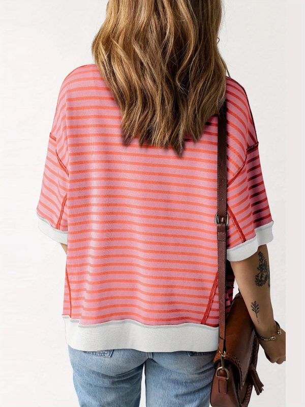 women's colorful striped short sleeve t shirt casual loose fit, round neck, lightweight polyester, perfect for springu002fsummer streetwear, summer fashion | striped tshirt | glossy texture