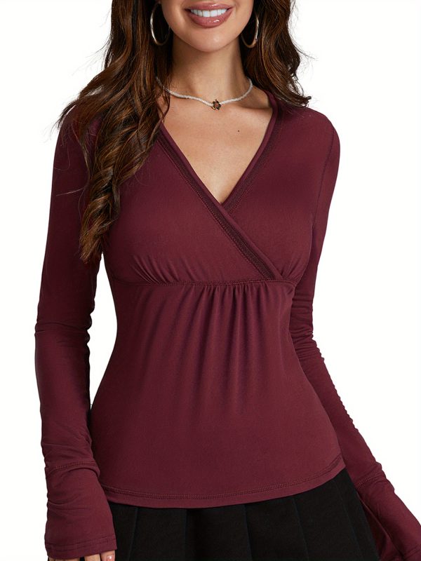 women's slim fit v neck long sleeve wrap top solid color casual streetwear t shirt, soft & comfortable all season wear, versatile for casual attire, everyday top | vneck top | smooth texture