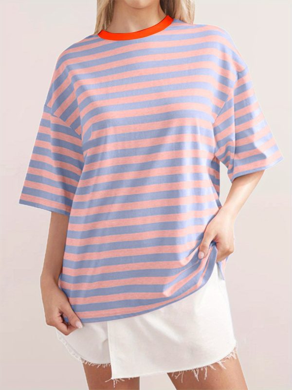 women short sleeve t shirts stripe contrast color round neck shirts summer casual loose fit tops streetwear