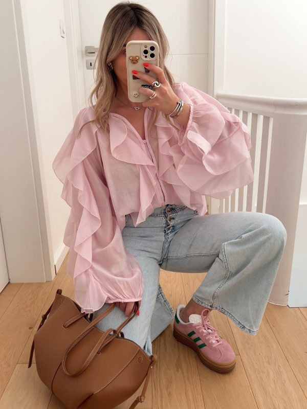 elevate your style game with our chic t shirt collection white, pink, and yellow options available, v neck, long sleeve, ruffle detail, all season wear, casual chic top|vneck tshirt|ruffle detail shirt