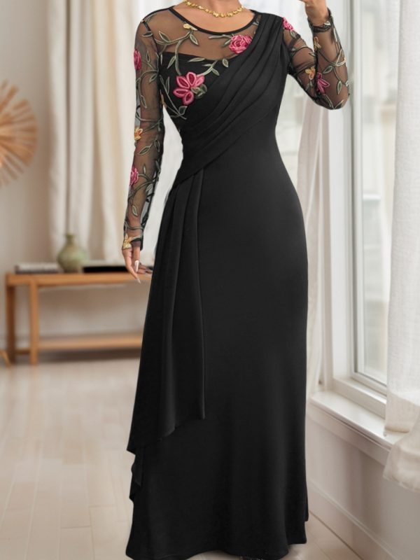 elegant black lace panel evening gown for women sheer long sleeve with floral embroidery, high low hemline, perfect for dinners and parties, party evening wear | floral embroidery dress | lace detailing, lace dress