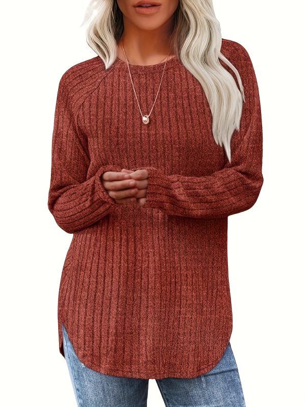 three piece women's fashionable long sleeved basic sweater, casual loose top, elegant round neck t shirt