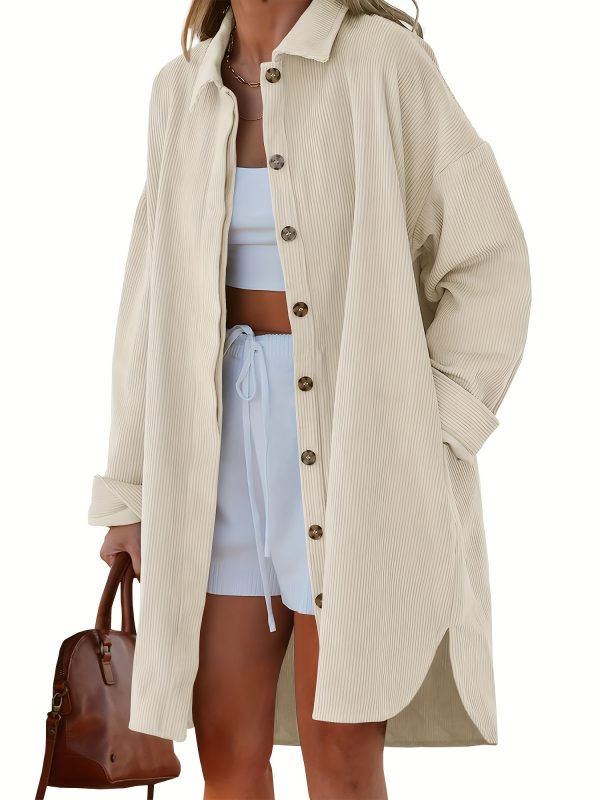 women's light blue corduroy shacket casual long button shirt with side slit, oversized collar coat for spring & fall, polyester fabric, machine washable