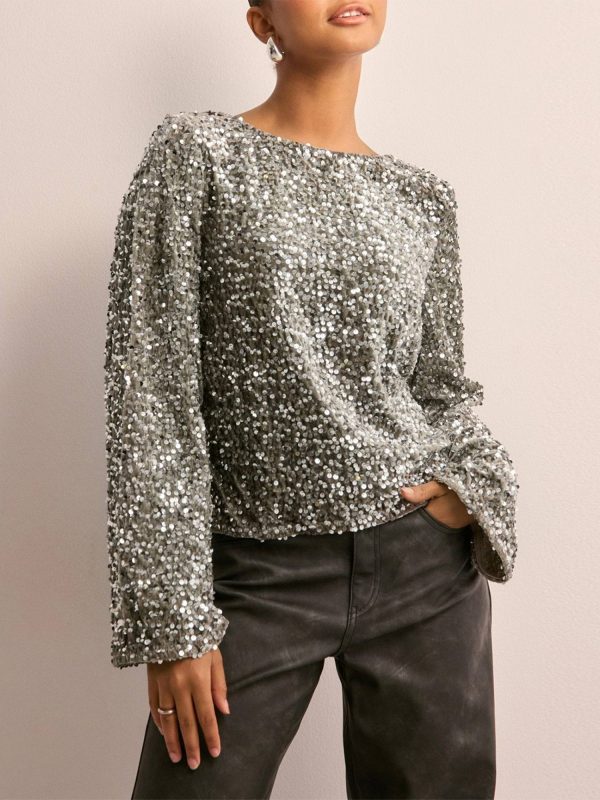 elegant women's long sleeve glitter sequin top round neck with chic back bow, stretchy & comfortable polyester blend, perfect for party wear