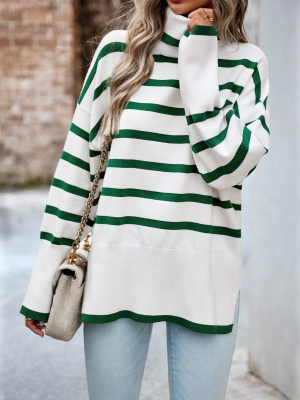 women's white & green horizontal striped sweater soft crewneck pullover for springu002ffallu002fsummer, everyday & formal outfits machine washable long sleeve sweater