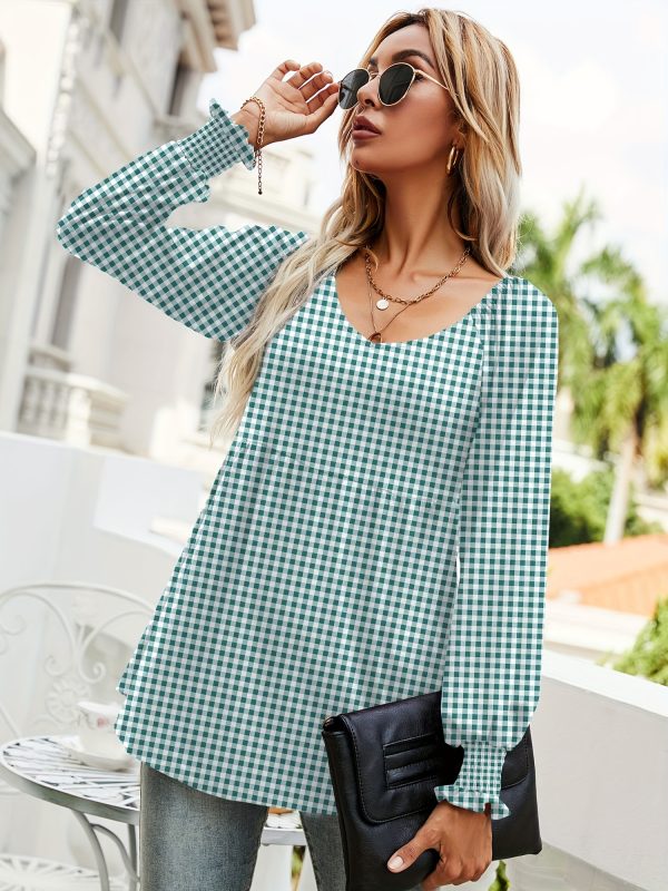 women's casual v neck long sleeve blouse non see through fabric, everyday office outfit essential springu002fsummer wardrobe staple top, summer fashion, puffed sleeves, checkered pattern