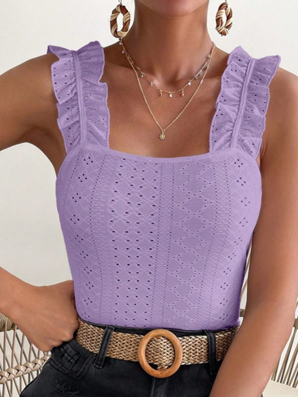 scacto 2025 sleeveless tank top with ruffle strap& square neck eyelet, slim fit blouse