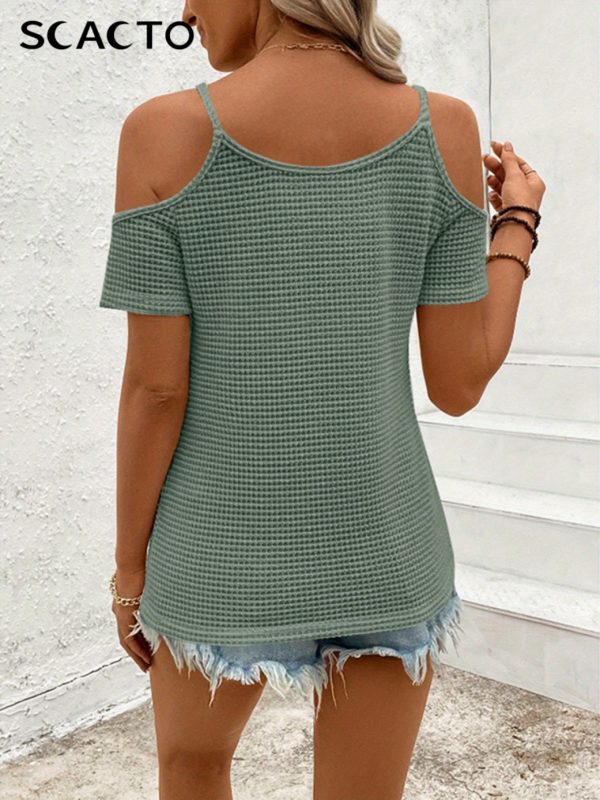 scacto 2025 women's summer cold shoulder tops with hollow out lace crochet short sleeve casual blouse