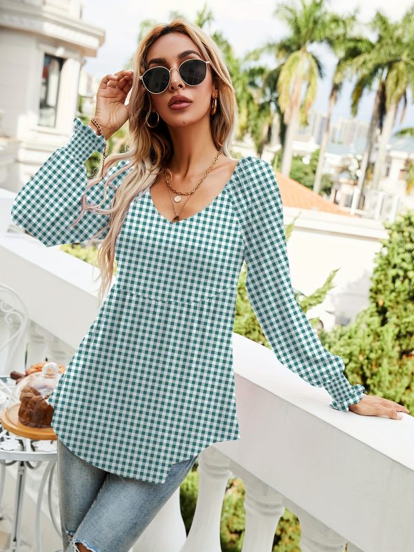 women's casual v neck long sleeve blouse non see through fabric, everyday office outfit essential springu002fsummer wardrobe staple top, summer fashion, puffed sleeves, checkered pattern