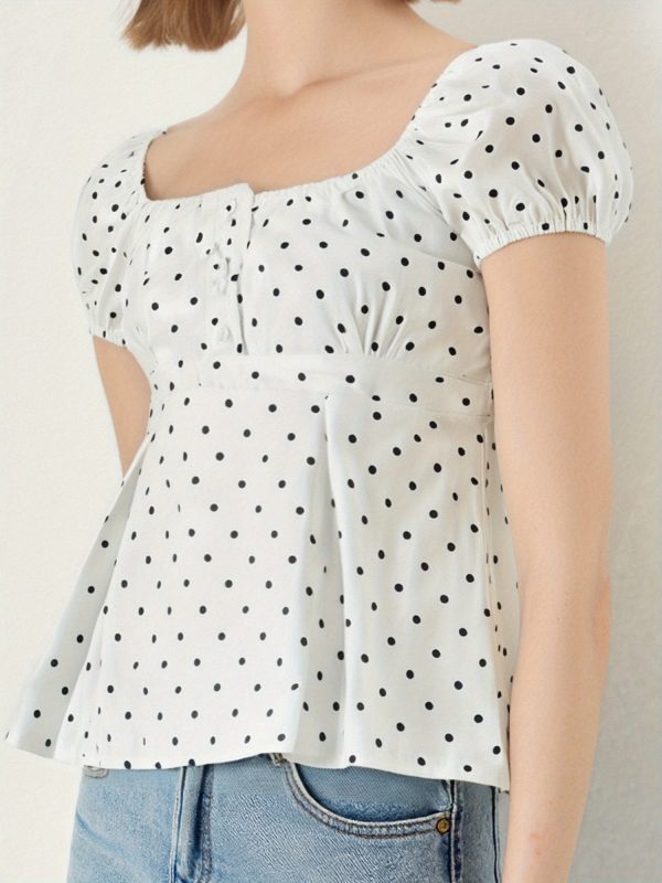 women's polka dot boat neck short sleeve t shirt black & white contrast, casual chic style with back bow detail, machine washable for daily wear & holiday events