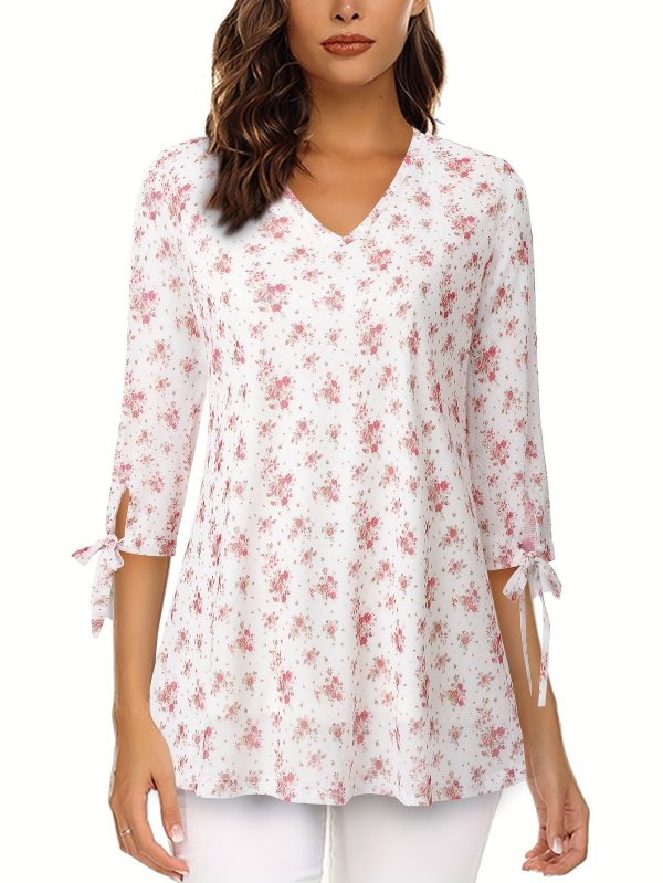 women summer tops blouses and shirts v neck double layer mesh printed shirt three quarter sleeve cuff strap top