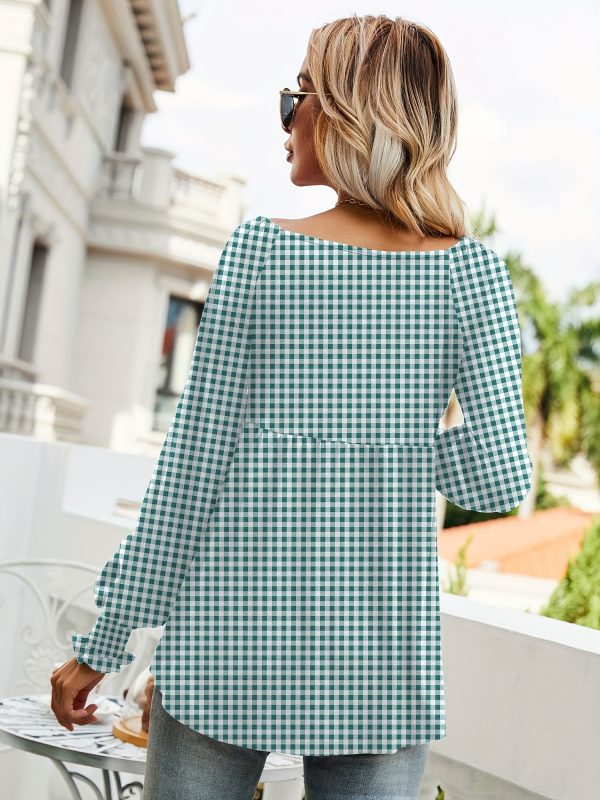 women's casual v neck long sleeve blouse non see through fabric, everyday office outfit essential springu002fsummer wardrobe staple top, summer fashion, puffed sleeves, checkered pattern
