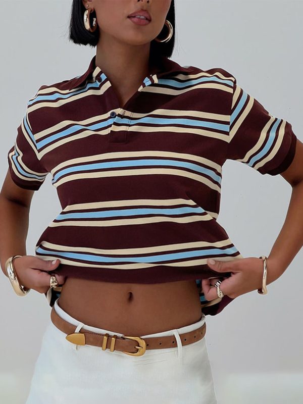 women's y2k vintage striped crop top with lapel collar casual short sleeve shirt in brown & light blue, non stretch machine washable fabric for spring summer fall streetwear, teenage fashion, soft texture