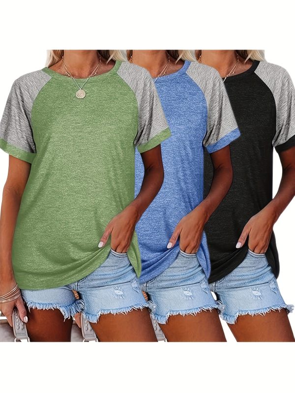 three piece set 2025 european and american fashion women's short sleeved t shirt casual color matching short sleeved t shirt