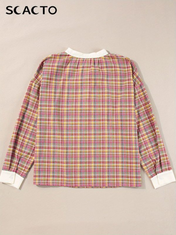 women's elegant pink plaid patchwork blouse button front henley shirt in pink, red, beige, white, green all season office & casual tops machine washable non transparent clothing, nontransparent fabric