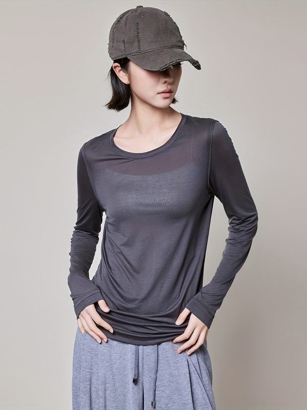 meiyang jelly long sleeve t shirt, lyocell silk, crew neck, sheer, comfortable basic tee, solid color, regular fit, summer casual wear