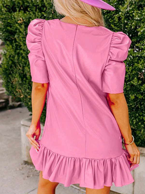 scacto women's elegant pink v neck dress with ruffle trim short sleeve, ruffled hem, lightweight polyester, perfect for spring and summer casual outings, cute dress